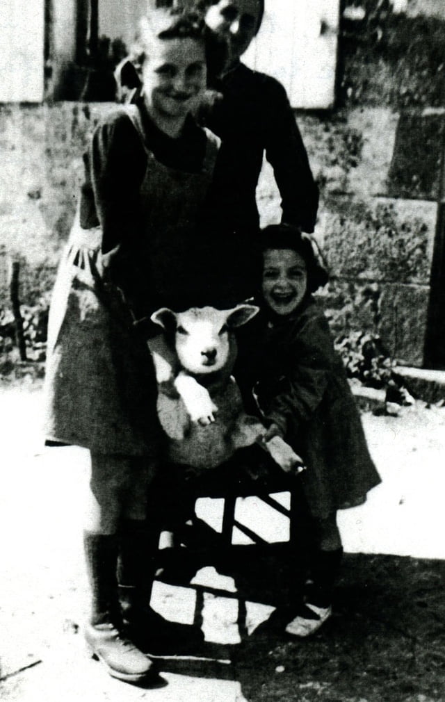 Rosette toute petite avec un mouton de la ferme tenue par Odile la cadette des enfants MARTIN, a